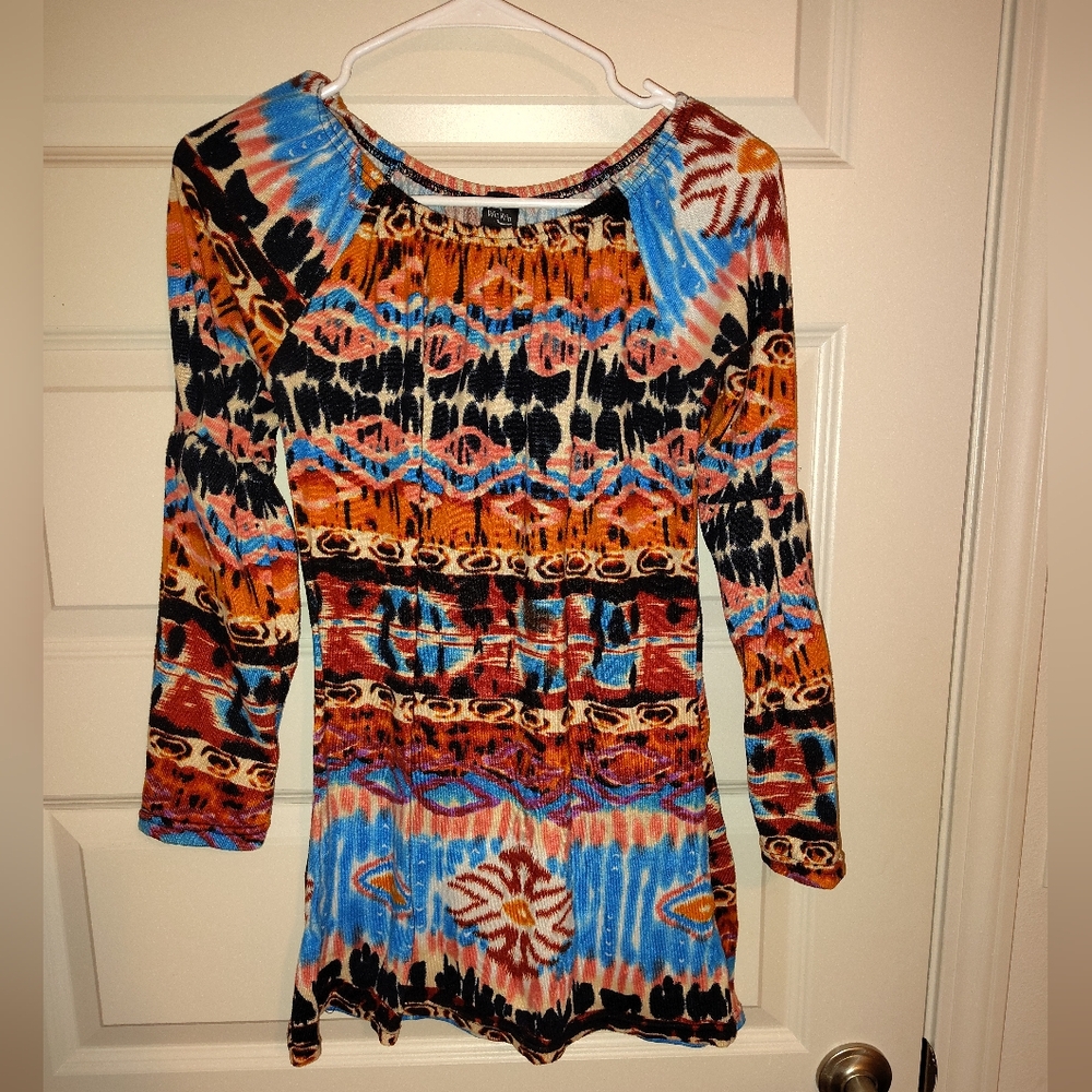 Colorful Long Sleeve Patterned Tunic Bell Sleeve